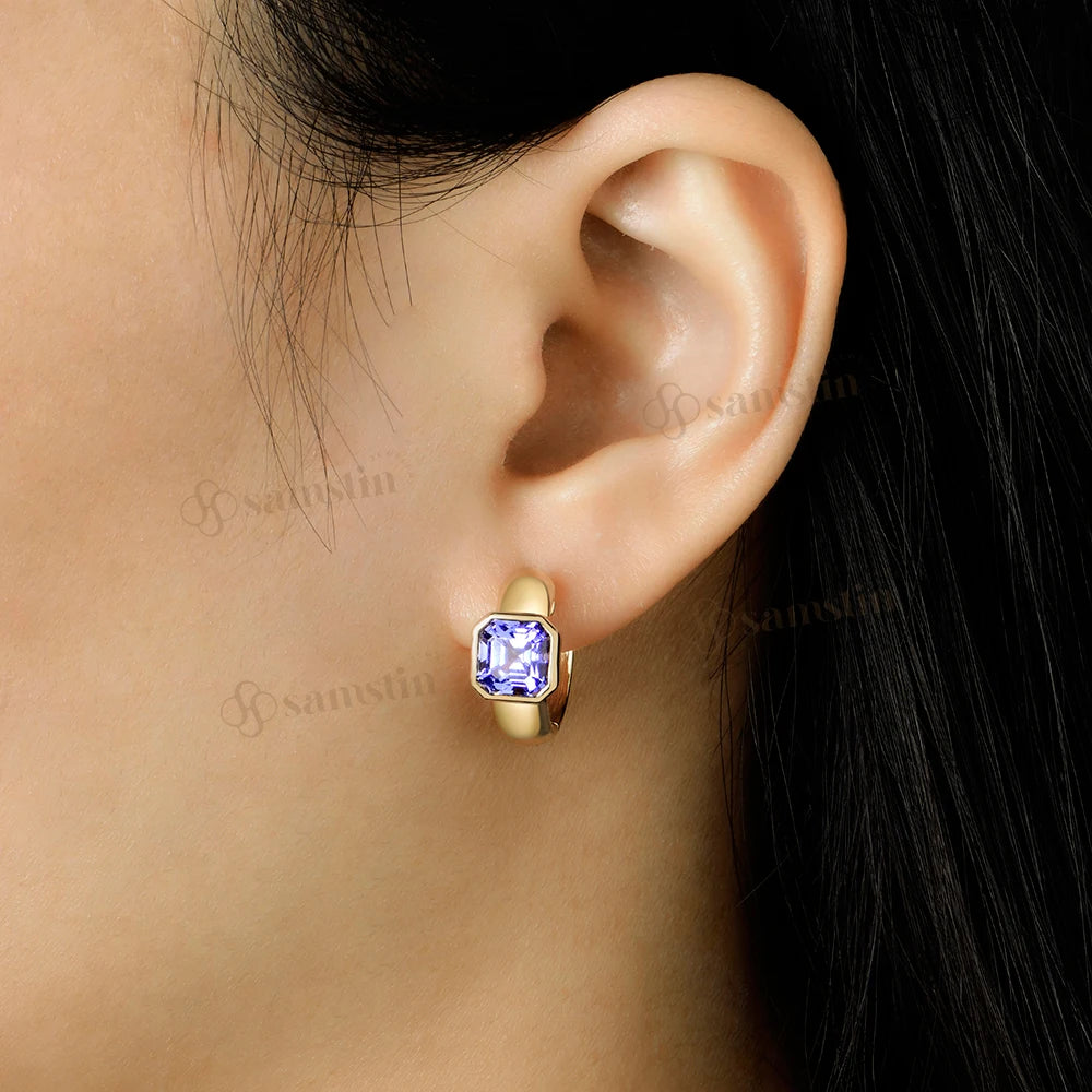 Pendientes de Aro Personalizados Samstin con 4CTW de Zafiro Azul Sintético para Mujer, Oro Amarillo Sólido de 14K 10K, para Regalos de Navidad y Fiestas