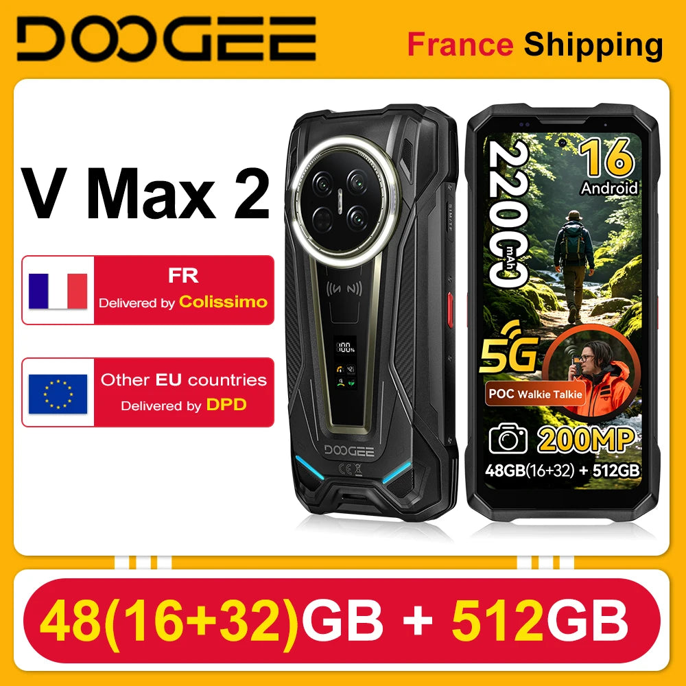DOOGEE V Max 2 Android 16, teléfono resistente insignia 5G, 6.78", pantalla digital, 48GB(16+32) RAM + 512GB ROM, batería grande de 22000mAh, luces de camping duales, carga súper rápida de 120W