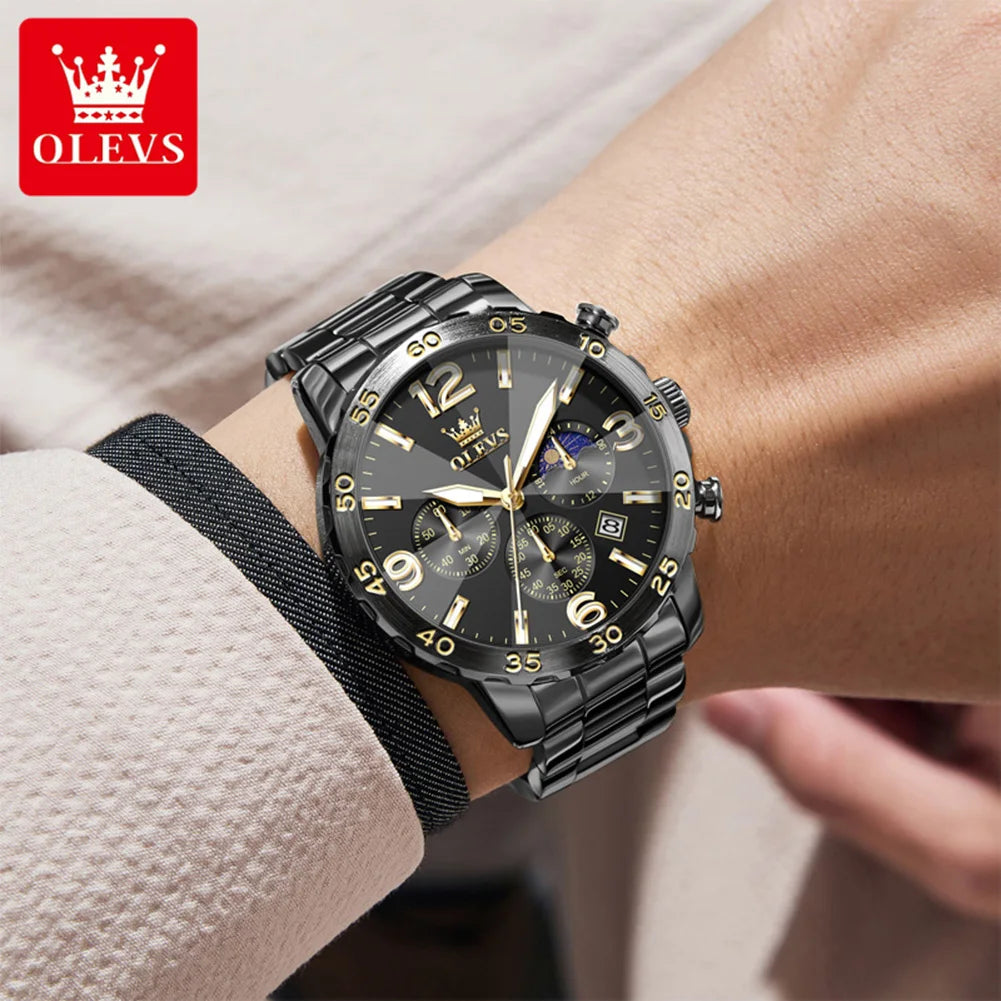 OLEVS 3678 Mens Watch Original Stainless Steel Quartz Watch Waterproof Luminous Moon Phase Watch Automatic Date Mens Gifts Reloj
