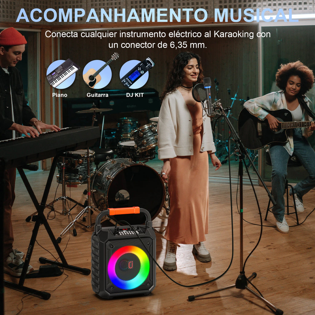 Altavoz Bluetooth inalámbrico, máquina de karaoke con 2 micrófonos, sistema de karaoke para el hogar T17-T con luz de fiesta LED