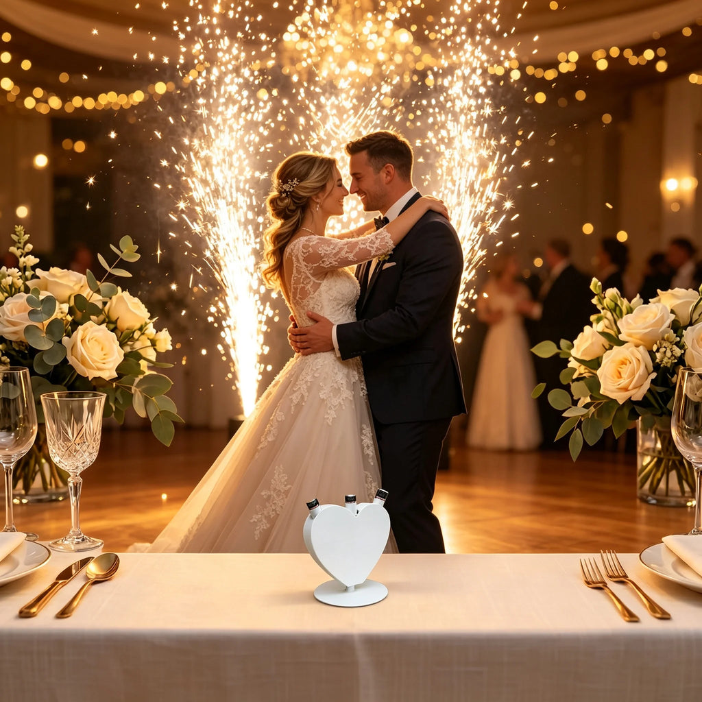 Máquina de chispas frías con forma de corazón, fuente con control remoto, equipo pirotécnico blanco para fiestas, eventos, espectáculos, escenarios de bodas y celebraciones.