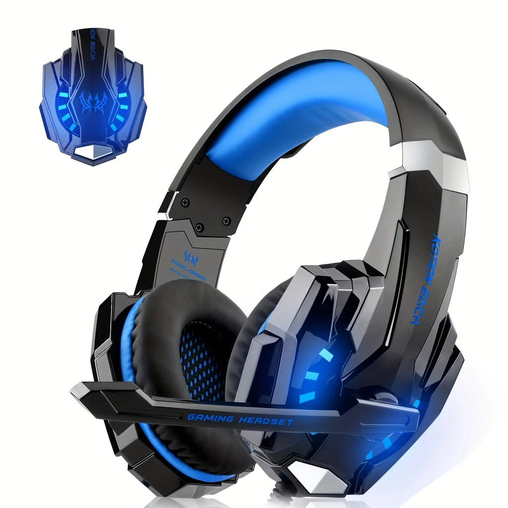 Auriculares gaming con cable sobre la oreja, negro y azul, con luz LED y micrófono