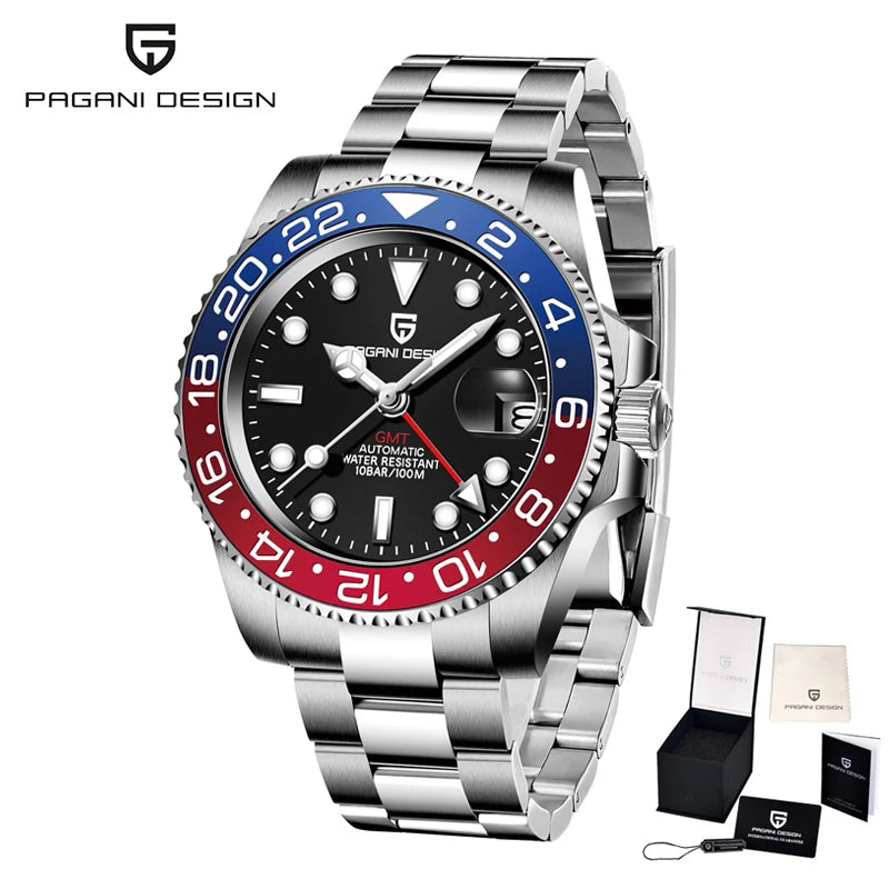PAGANI DESIGN 40mm Reloj mecánico de lujo para hombre, reloj GMT de acero inoxidable, marca de alta gama, cristal de zafiro, relojes para hombre
