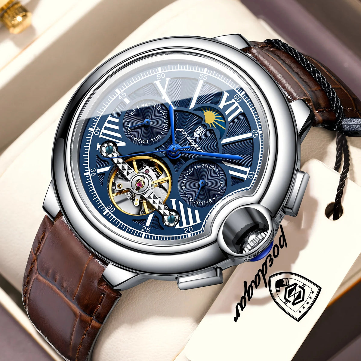 Reloj mecánico automático de lujo para hombre POEDAGAR, con fecha, semana, tourbillon, correa de piel, resistente al agua y diseño de negocios.