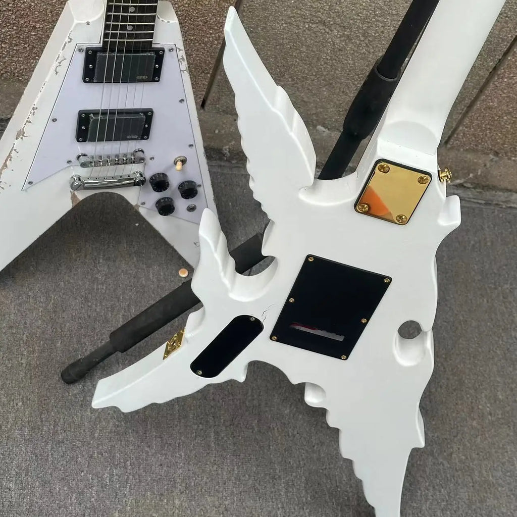 Guitarra eléctrica con alas de Ángel grabadas 6-S, HH, cuerpo blanco con piezas doradas, envío rápido gratis