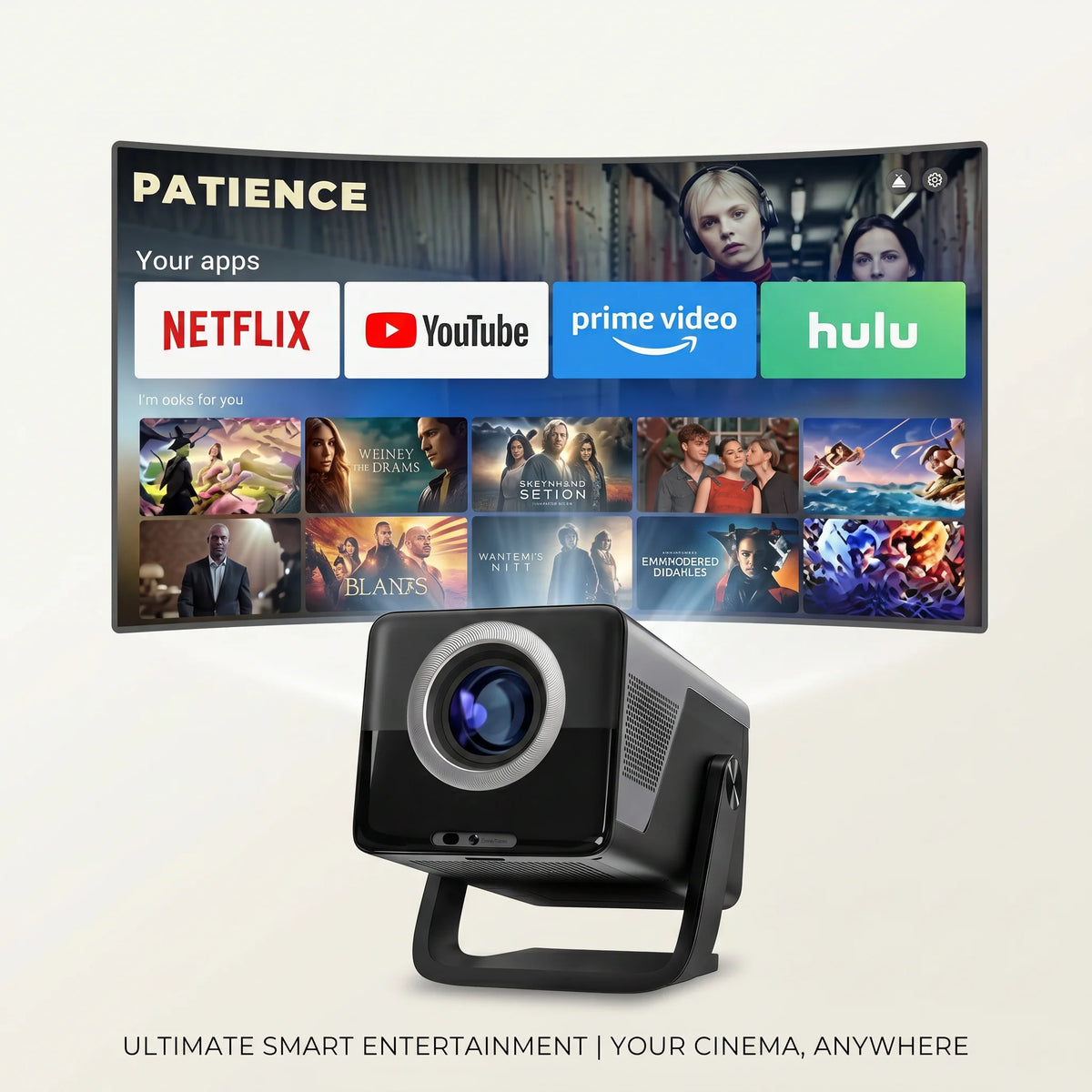 Proyector inteligente negro con pantalla de apps y lente frontal