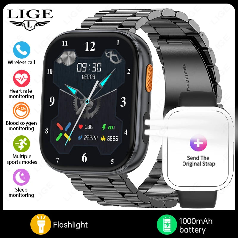 Reloj inteligente LIGE AMOLED para hombre, pantalla de 2.04, llamadas Bluetooth, monitor de salud, resistente al agua IP68, reloj inteligente deportivo para mujer, nuevo para Android iOS