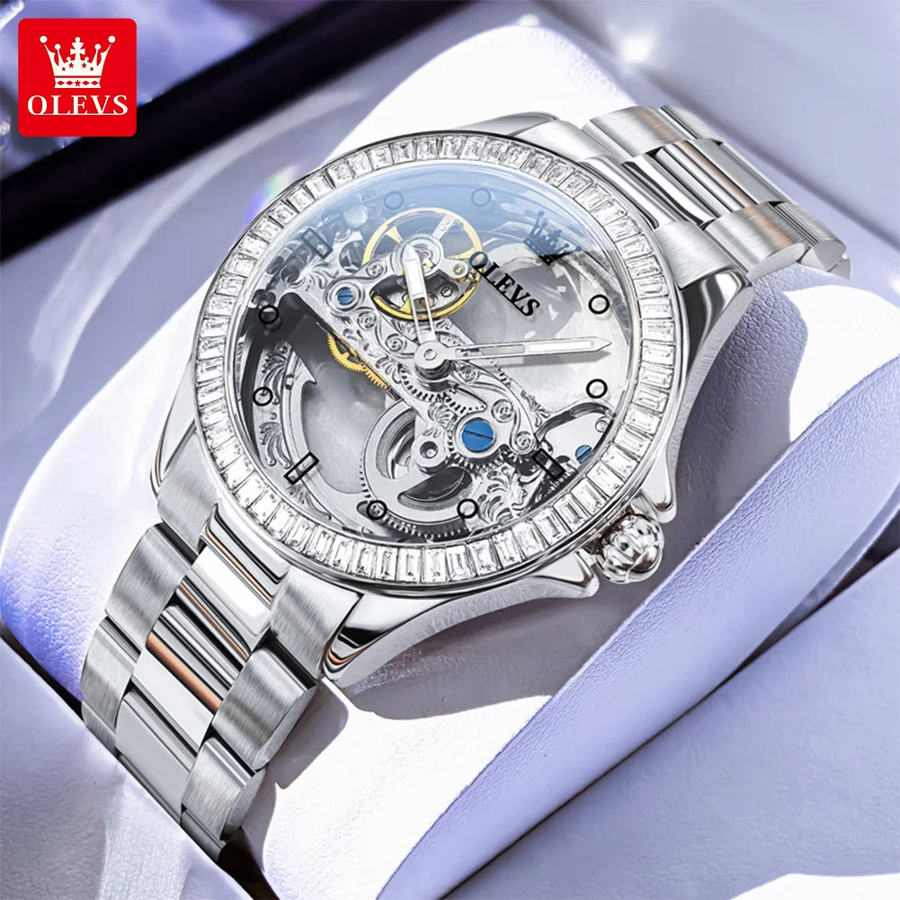 Reloj OLEVS 6699 para mujer, reloj de pulsera mecánico automático de lujo con esfera hueca totalmente transparente y bisel de diamantes, relojes de lujo para dama