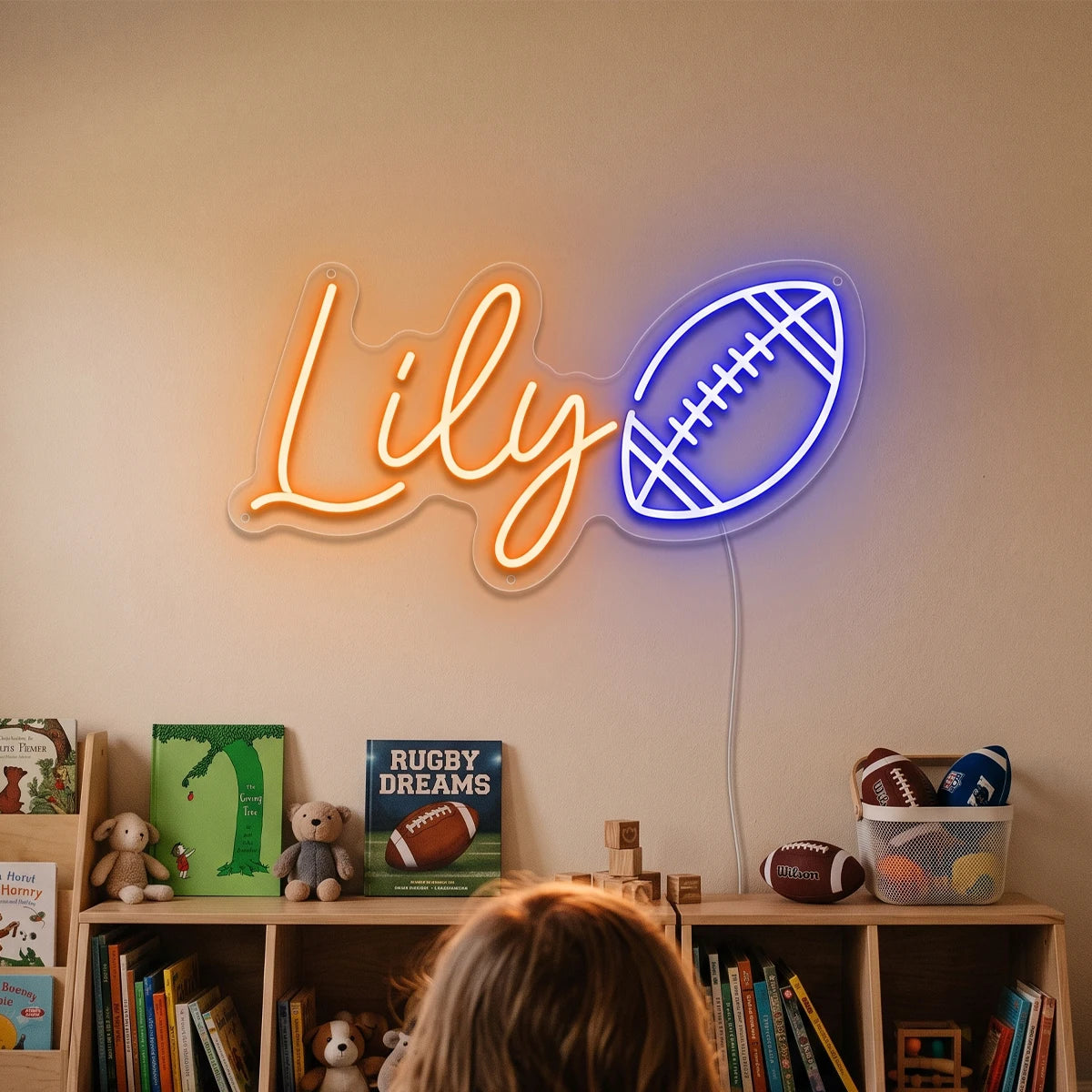 Letrero de neón personalizable con nombre “Lily” y balón de rugby, luz naranja y azul