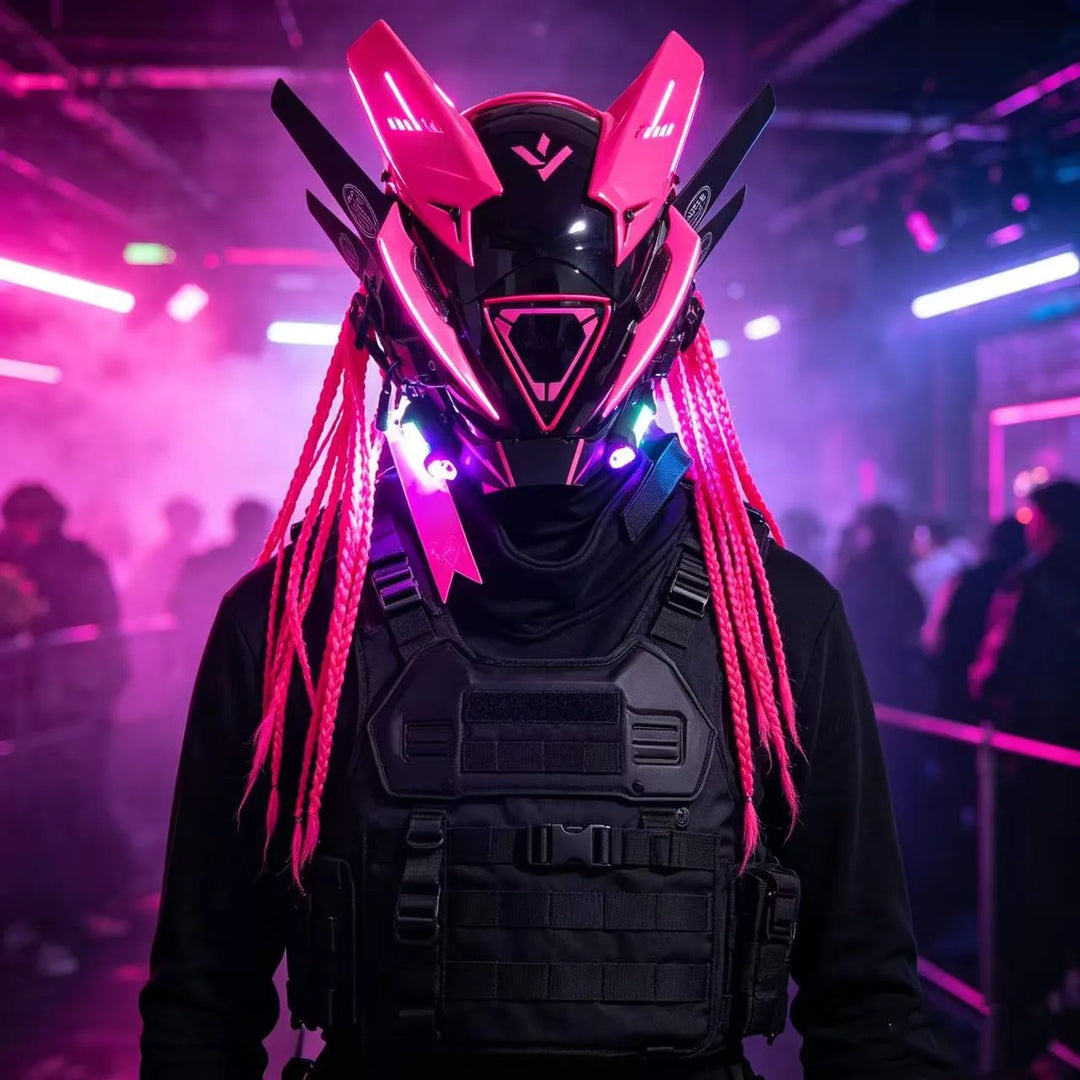 Cyberpunk máscara futurista Techwear, decoración de casco de Cosplay de Halloween con trenza ligera y sucia, Caballero de estilo guerrero japonés Sty