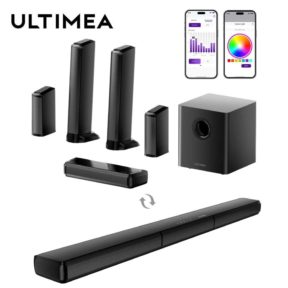 Barra de Sonido Envolvente ULTIMEA 7.1 con 2 Altavoces Envolventes y Subwoofer de 6.5 Pulgadas, Sistema de Sonido Envolvente para TV con RGB, Control por Aplicación
