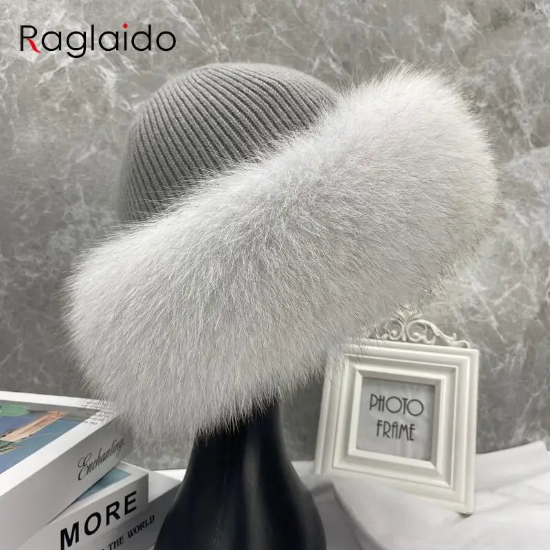 Nuevos y elegantes gorros para mujer, gorro de invierno cálido y esponjoso con hueso, gorro de piel de zorro Natural grueso y suave para exteriores, sombreros de cúpula para mujer