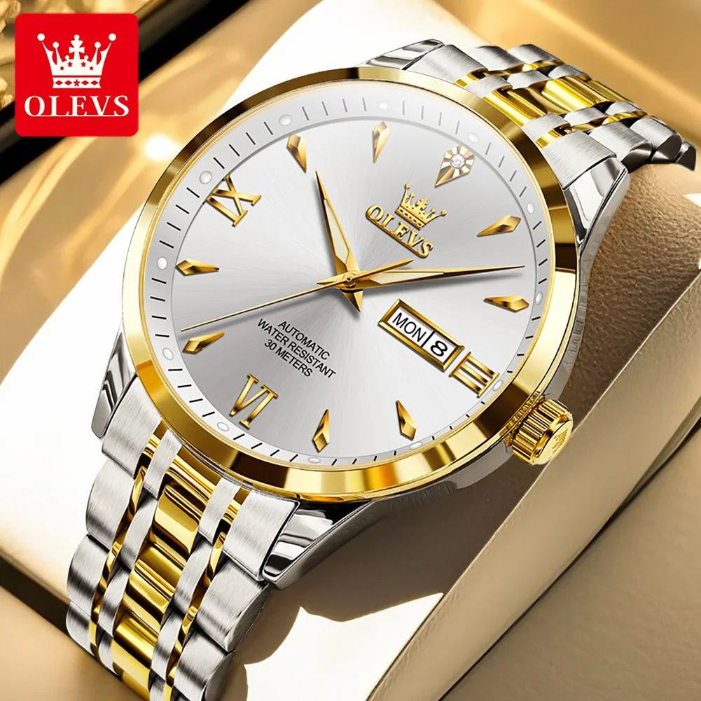 Reloj mecánico automático OLEVS 9956 para hombre, de acero inoxidable, resistente al agua, con fecha y día, versión de lujo original mejorada
