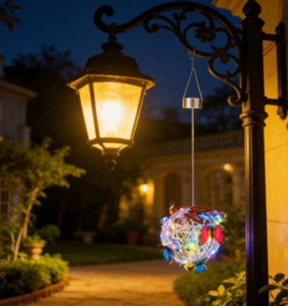 Luz de bola Solar para exteriores con luz de mariposa, lámpara colgante decorativa, LED, impermeable, luz colgante para jardín, decoración de patio, noche