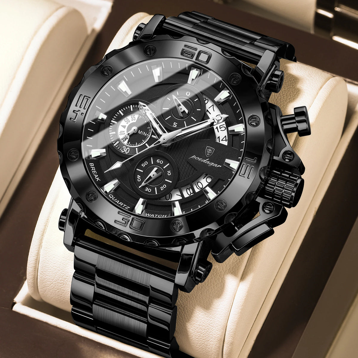 Reloj de moda POEDAGAR para hombre, reloj de pulsera de cuarzo, impermeable, luminoso, con calendario, cronógrafo, de acero inoxidable, reloj de lujo para hombre