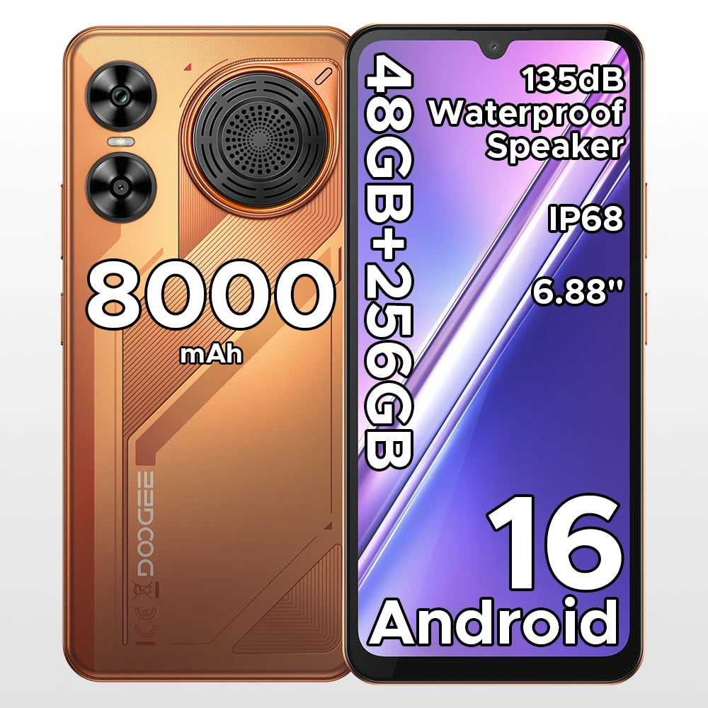 Smartphone DOOGEE M30 IA 6,88" IP68 Resistente al agua Android 16 Batería de 8000 mAh 48 GB RAM (6+42) 256 GB ROM Cámara de 64 MP Widevine L1 Compatible con Google Pay y altavoz de gran amplitud de 135 dB