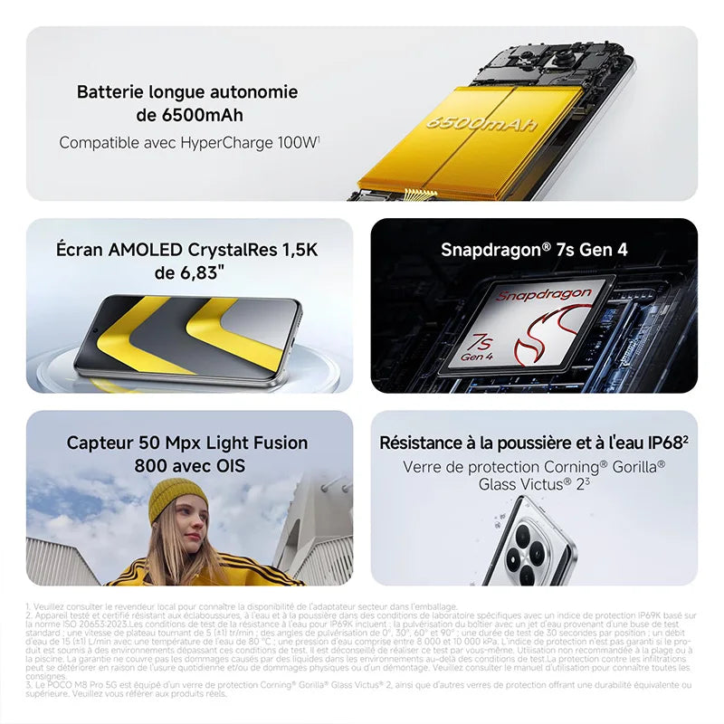 POCO M8 Pro 5G, NFC, pantalla AMOLED CrystalRes 1.5K de 6,83", Snapdragon® 7s Gen 4, cámara de 50 MP, batería de 6500 mAh, IP68