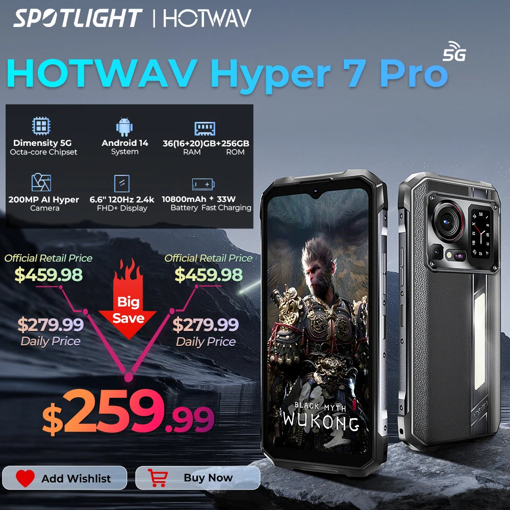 Smartphone rugerizado HOTWAV Hyper 7 Pro 5G 200MP Android 14 6,6'' FHD+ 120Hz 36(16+20)GB 256GB 10800mAh 33W