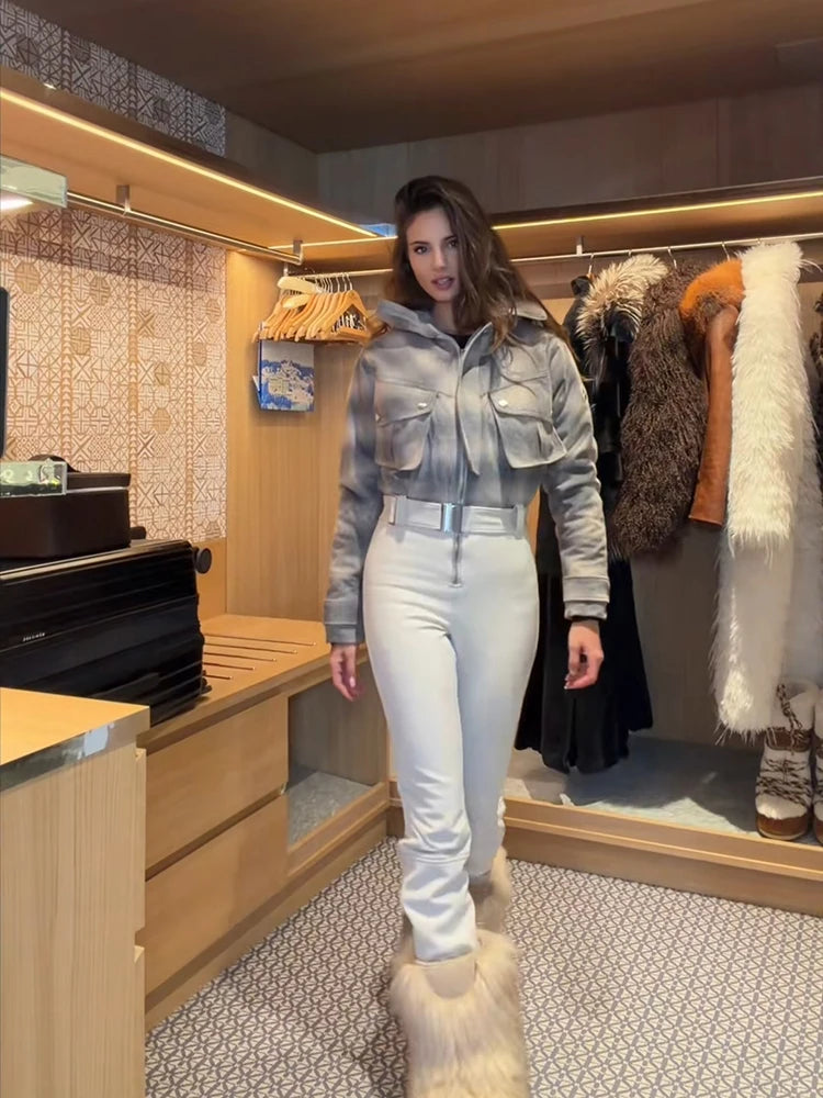 Mono de esquí de moda para mujer con cuello alto, cremallera, manga larga, cinturón, corte ajustado, cintura alta, mono cálido, ropa de esquí para mujer, invierno 2026
