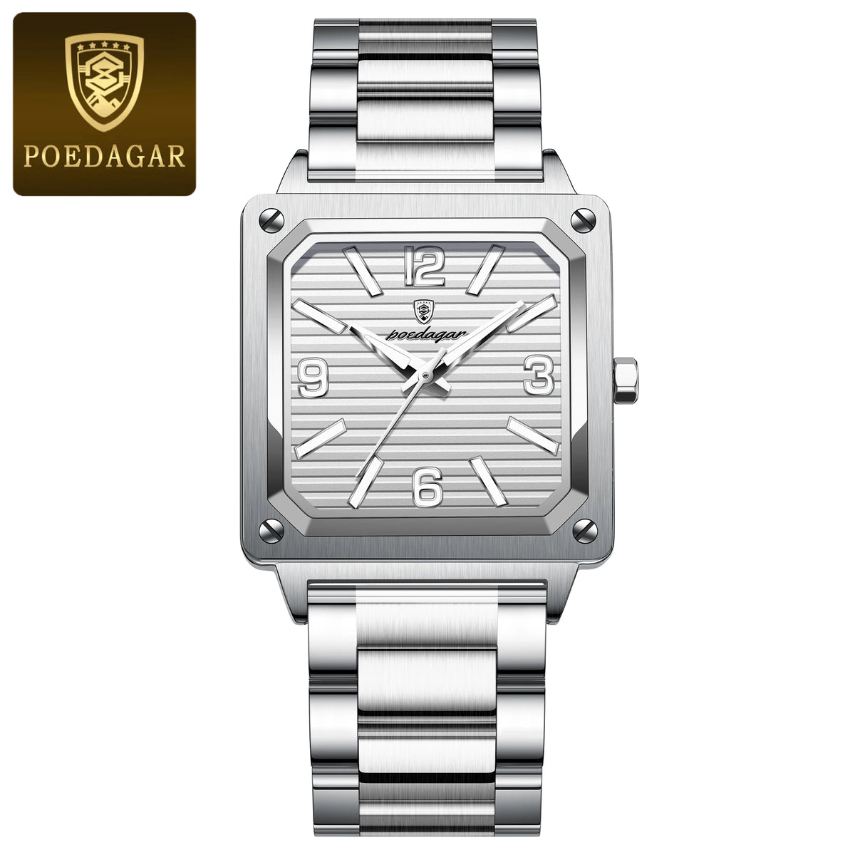POEDAGAR Fashion Luxury Man Wristwatch Waterproof Luminous Stainless Steel Men's Quartz Watch Square Sport Watches for Men Reloj