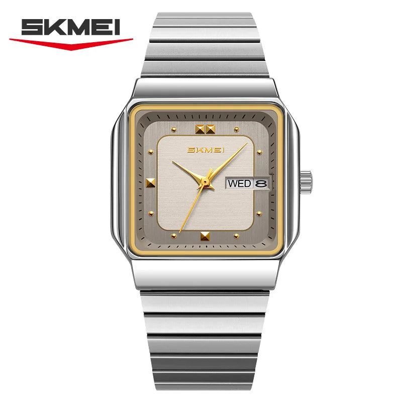 SKMEI 9414 Reloj de cuarzo para hombre con esfera cuadrada sencilla, calendario, semana y correa de acero inoxidable, reloj de negocios impermeable para hombre