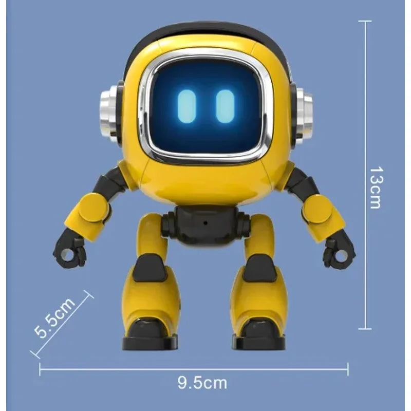 Robot amarillo frontal con pantalla azul y orejeras plateadas, extremidades articuladas