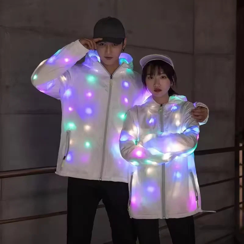 Luces Led, ropa impermeable, chaqueta de traje de baile, ropa luminosa para Cosplay, disfraz de Halloween, ropa de fiesta, bolsillo con cremallera