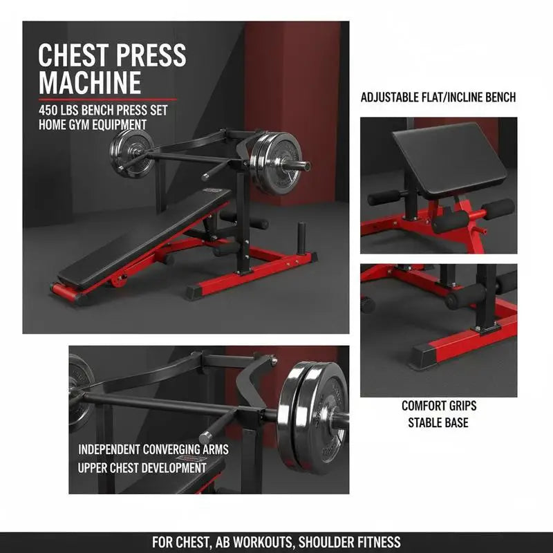 Banco de press de pecho con capacidad de carga de 204 kg, banco ajustable plano e inclinado con brazos independientes, equipo para parte superior del pecho, máquina de fitness para el hogar para entrenamiento de músculos pe