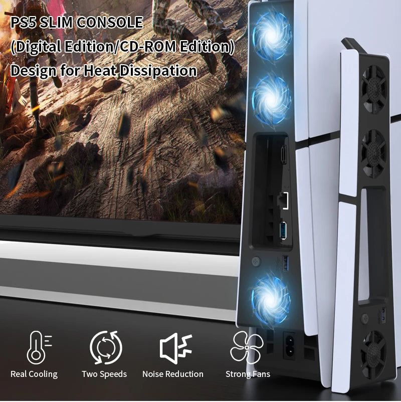 Ventilador de refrigeración para juegos, sistema de refrigeración eficiente con luz LED y reducción de ruido para consola PS5 Slim, versión con disco y digital