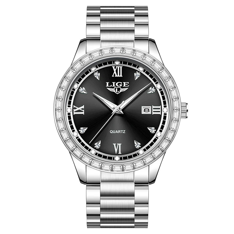 Reloj de cuarzo original LIGE para mujer, esfera con diamantes, acero inoxidable, resistente al agua, luminoso, elegante reloj de pulsera para mujer Reloj Mujer