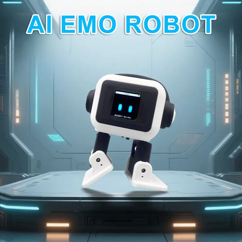 Robot mascota de juguete negro con pantalla frontal y patas abatibles blancas