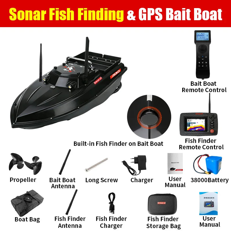 JS90S GPS Bait Boat 280m/1 Minute 100 Fishing Spots Load 3KG Built in Fish Detector Automatic Cruise Return 3-speed Adjustment