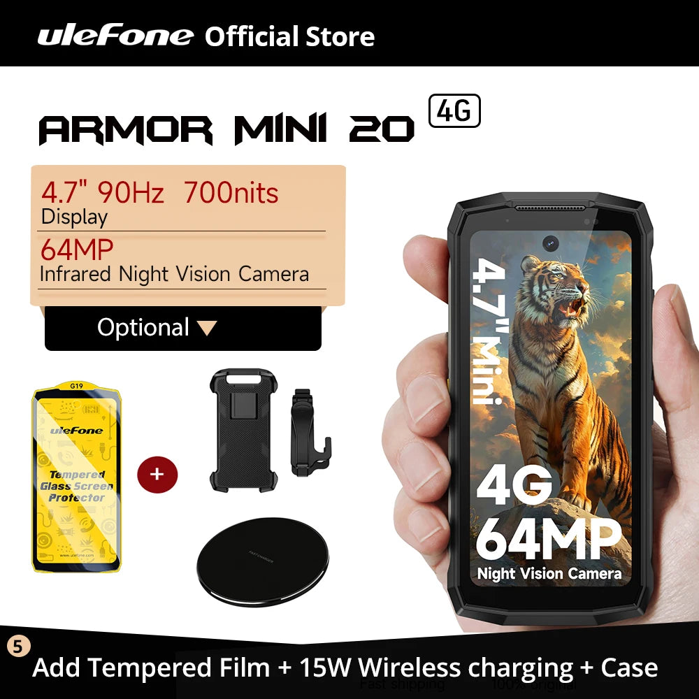 Teléfono resistente Ulefone Armor Mini 20 4G de 4.7", cámara nocturna de 64 MP, smartphone Android 14, batería de 6200 mAh, NFC, 16 GB+256 GB, 33 W, G99