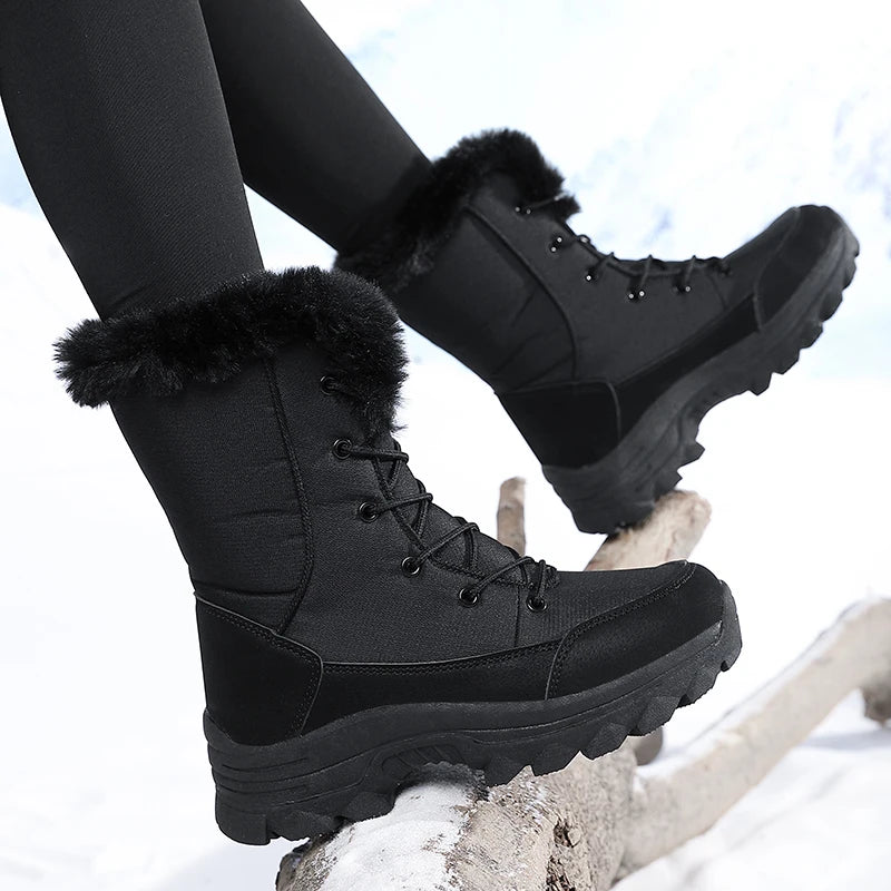 Botas de nieve para mujer, impermeables, antideslizantes, cálidas, de estilo nororiental, con forro de algodón, botas de esquí, con forro polar, de tejido grueso, resistentes al desgaste, botas de algodón de caña alta.