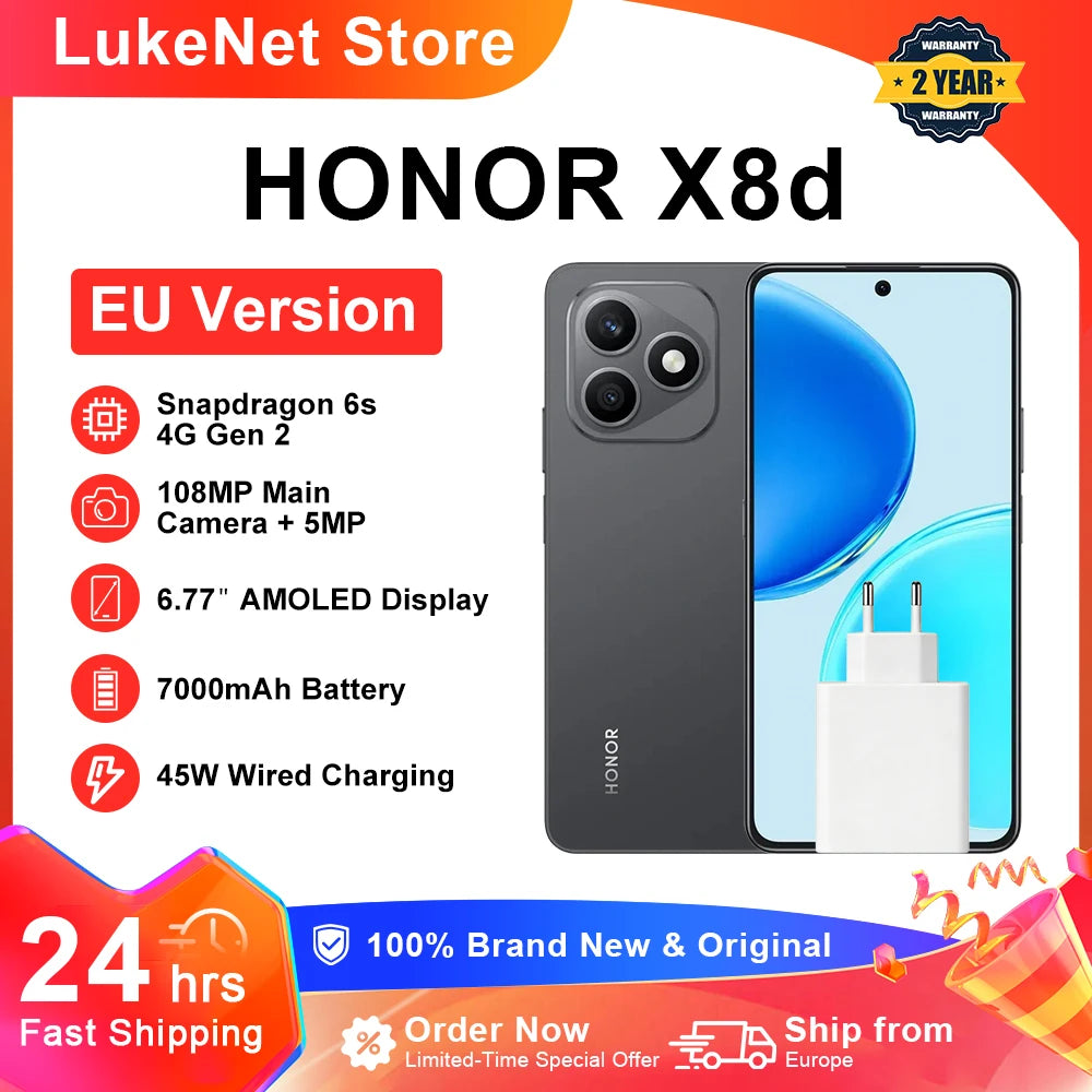 Smartphone HONOR X8d versión UE Snapdragon 6s 4G Gen 2 pantalla AMOLED de 6,77", batería de 7000 mAh, carga superrápida de 45 W, cámara principal de alta definición de 108 MP, IP65