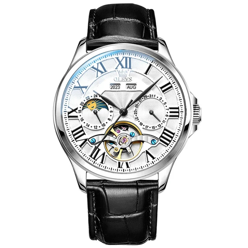 Reloj mecánico de negocios OLEVS 7013 con esfera redonda y correa de acero inoxidable