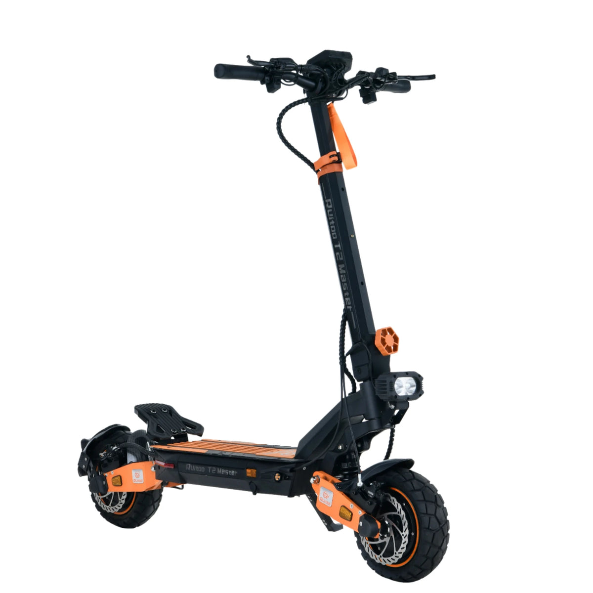 Patinete eléctrico negro y naranja con manillar, suspensión y ruedas todoterreno
