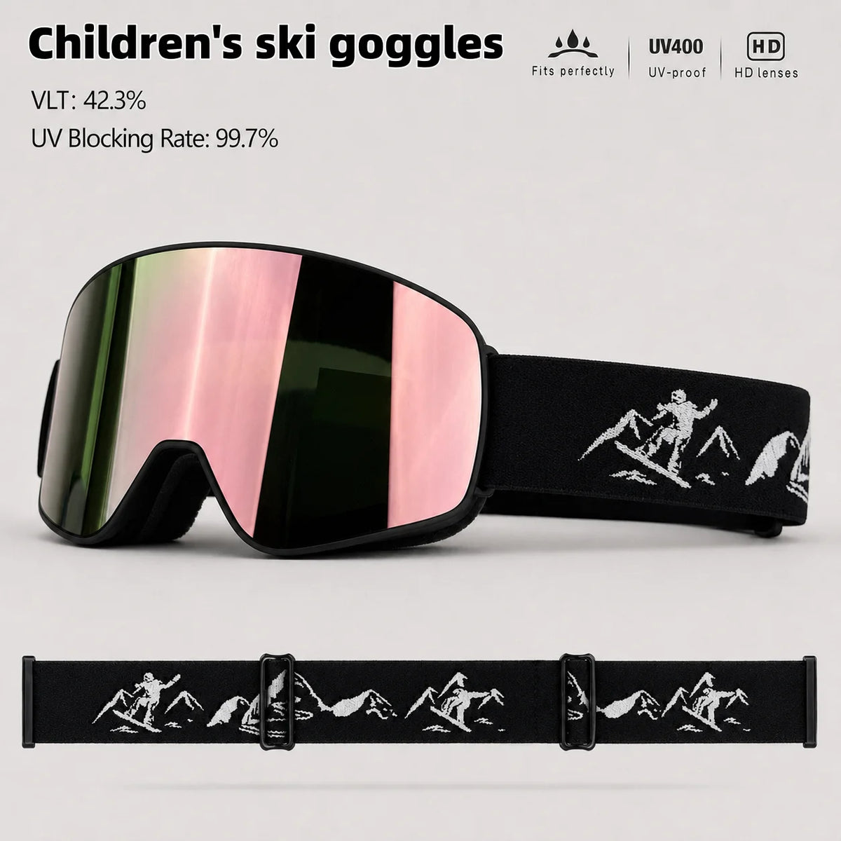 Gafas de esquí y snowboard UV400 para niños, lentes HD antivaho, gafas deportivas con correa ajustable