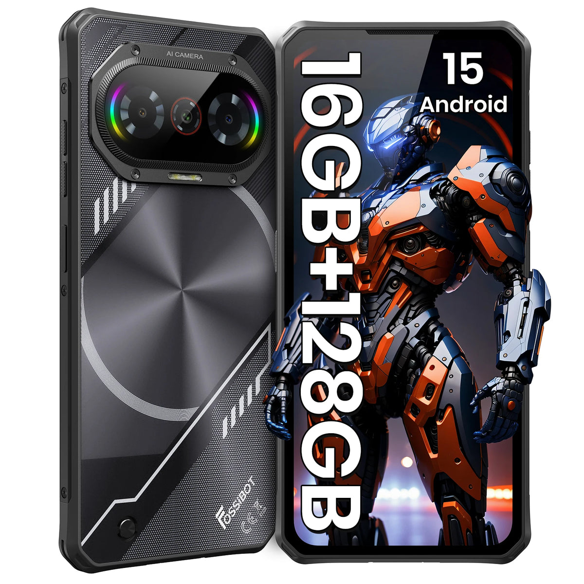 Teléfono inteligente resistente ultradelgado Fossibot F114 Android 15, 16GB (4+12) 128GB, cámara de 50MP+8MP+2MP, 5000mAh, 18W, pantalla HD+ de 6.67''