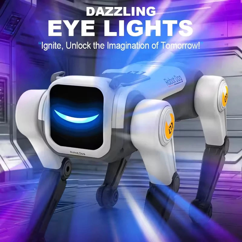 Perro robot RC blanco con ojos LED azules, cuerpo gris y patas negras articuladas.