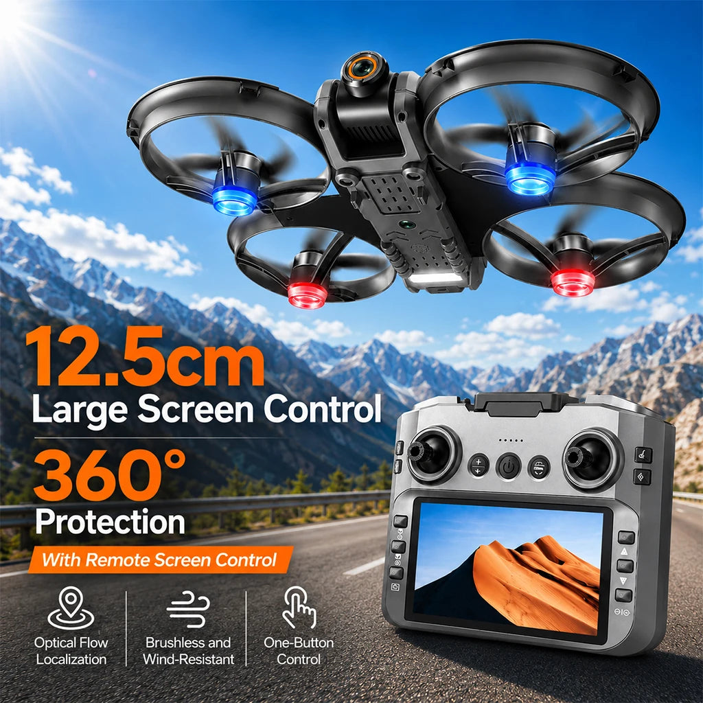 Drone RC gris oscuro con luces LED en hélices y controlador con pantalla integrada.