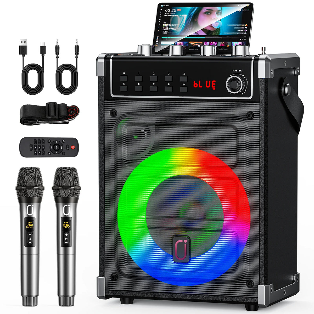 Máquina de karaoke 69-black con 2 micrófonos inalámbricos UHF, altavoz Bluetooth con ajuste de graves/agudos y luz LED, sistema de megafonía (PA)