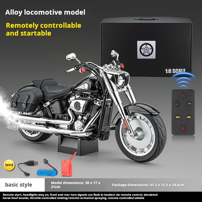 1:6 Harley Fat Boy Retro Heavy Motorcycle Diecast Alloy Simulated Remote Control Ignition & Spray Effect Toy Model Decoration