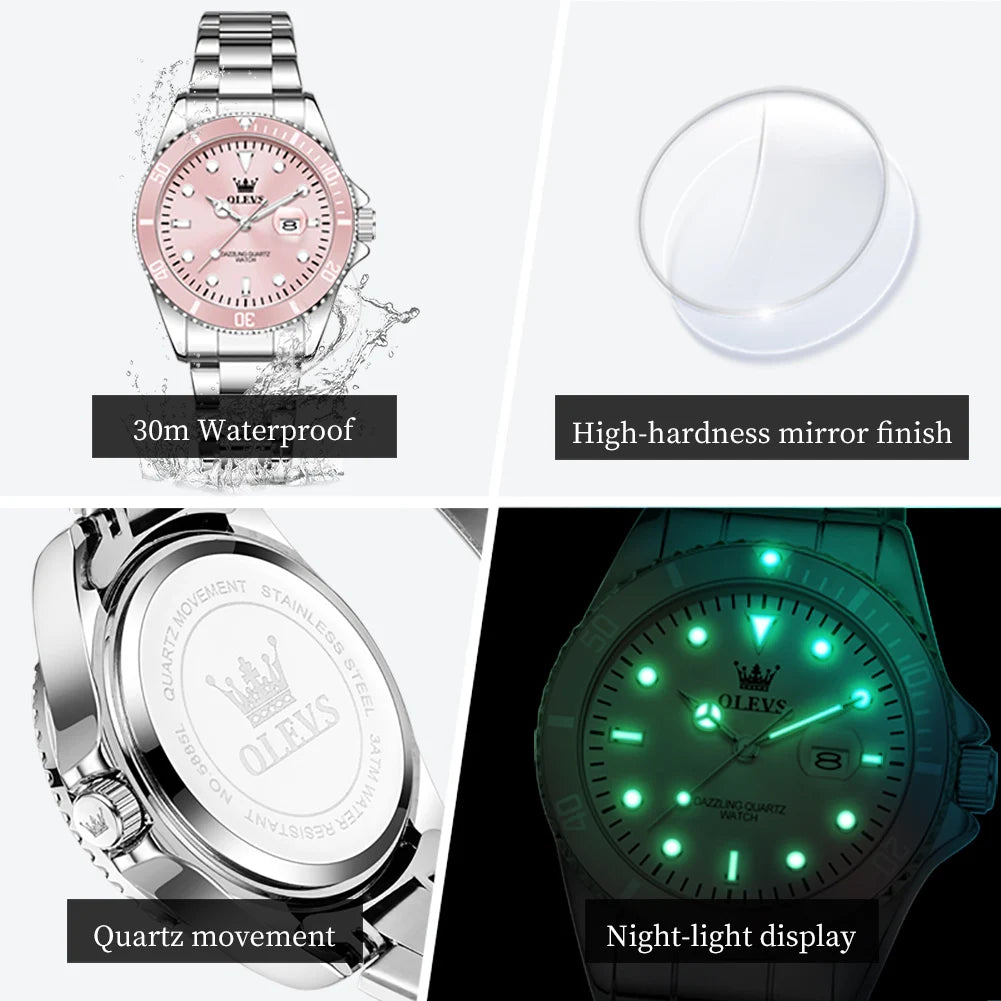 Relojes de cuarzo de lujo OLEVS para mujer, correa de acero, resistentes al agua, luminosos, relojes originales de marca superior para mujer, relojes elegantes para dama