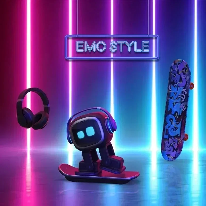 Robot EMO negro con auriculares LED y base plana, diseño infantil