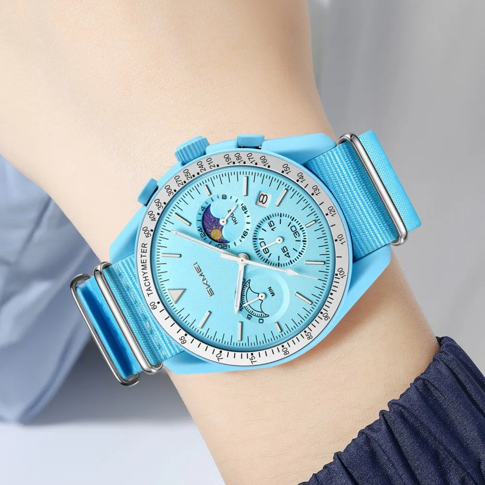 SKMEI Unisex Round Quartz Watch Nylon Strap Moon Phase Chronograph Tachymeter Date Lightweight Wristwatch for Men Women 9392