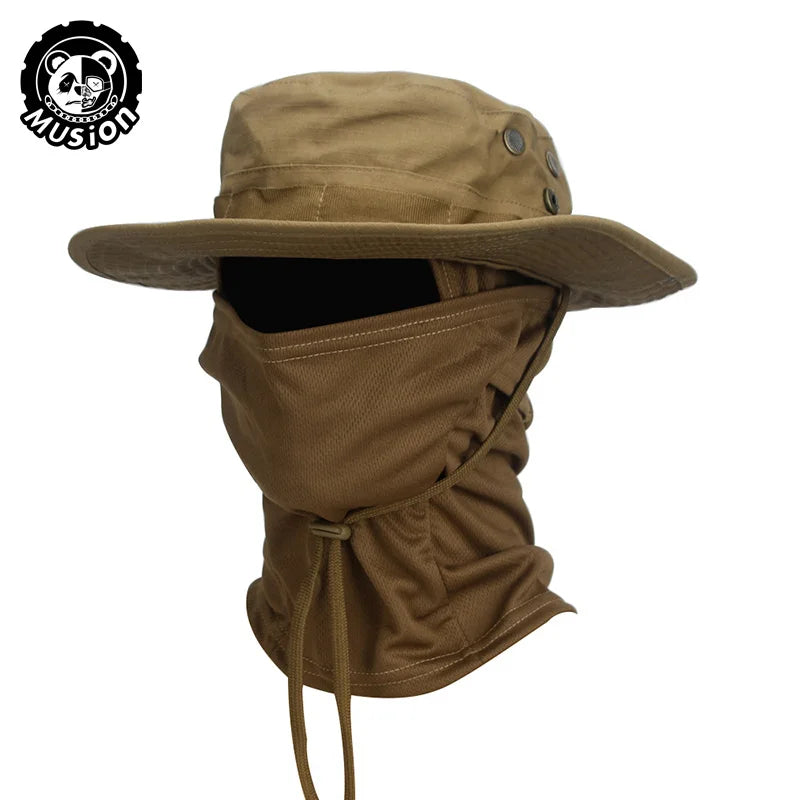 Conjunto de gorro de pescador con ala ancha y pasamontañas de camuflaje Musion para hombre, gorra tipo boonie para exteriores, sombrero de protección solar para pesca