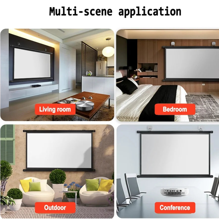 Pantalla de proyector XIAOHUI con marco negro, vista en varias ubicaciones