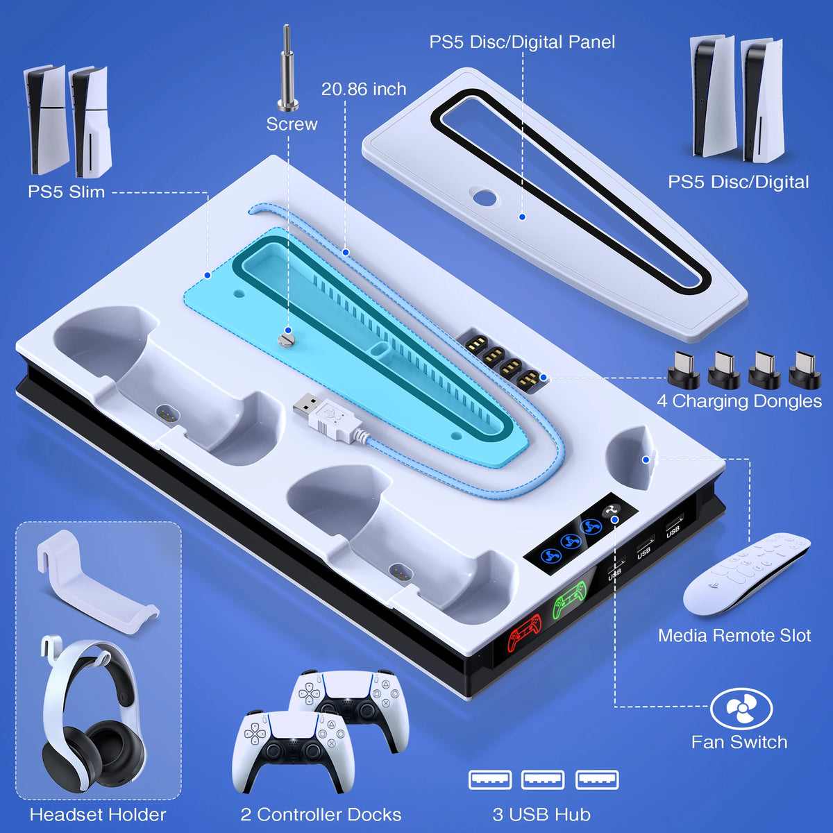 DinoFire S5000 3 Speed Cooling Fan3 Port USB Hub, Headset Holder, and Game Storage, Compatible with PS5 Disc & Digital Consoles