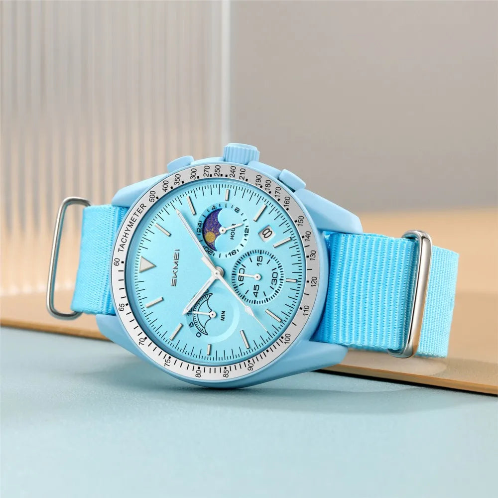 SKMEI Unisex Round Quartz Watch Nylon Strap Moon Phase Chronograph Tachymeter Date Lightweight Wristwatch for Men Women 9392